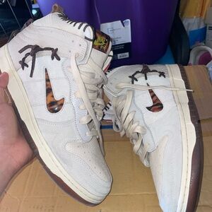 Nike Dunk High Cream and Brown Sneakers with Tortoise Shell Swoosh